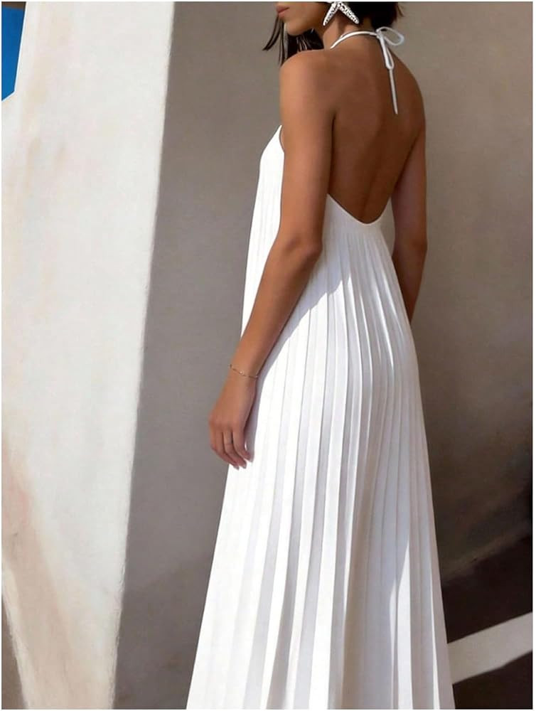 GORGLITTER Women's Pleated Halter Dress Flowy Backless Sleeveless Elegant Wedding Guest Maxi Dres... | Amazon (US)
