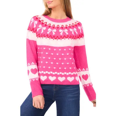 CeCe Heart Bow Fair Isle Sweater in Paradox at Nordstrom, Size X-Large | Nordstrom
