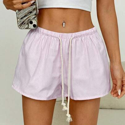 Women's Pink & White Striped 100% Cotton Soft Comfy Drawstring Waist Loose Straight Leg Casual Shorts, Minimalist Design, Sweet Style For Women, Sprin | SHEIN