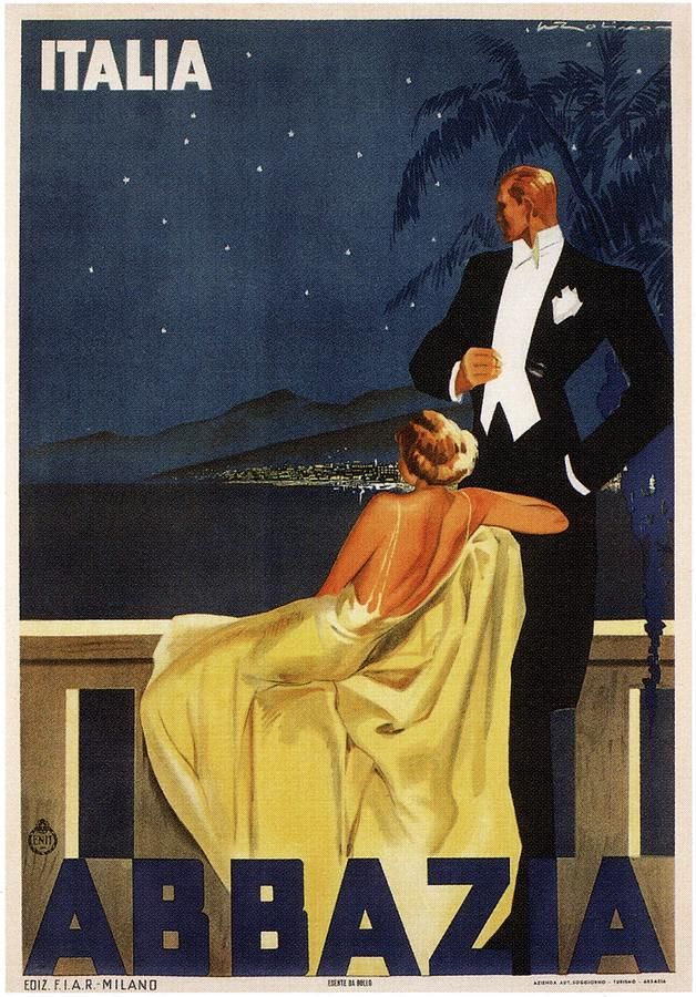 Abbazia, Italia - Woman and Man Looking Out At a Mountain - Retro travel Poster - Vintage Poster | Fine Art America