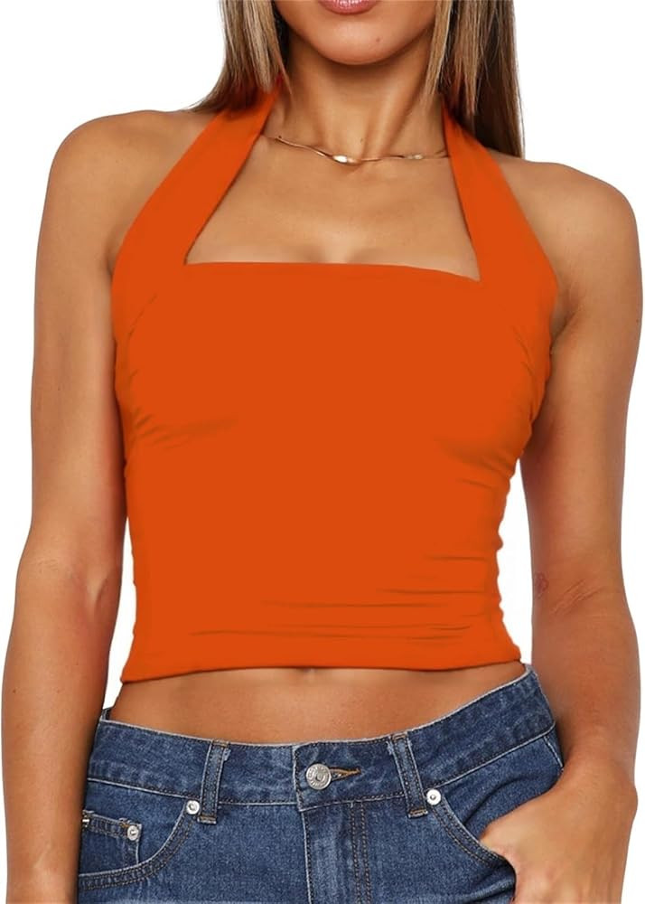 ForeFair Women Halter Neck Backless Crop Top Sexy Y2K Sleeveless Tank Top Open Back Slim Fit Tops | Amazon (US)