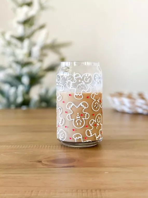 Christmas Gingerbread Man Can Glass Cup, Gingerbread Man Iced