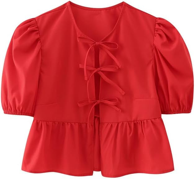 Women Y2k Puff Short Sleeve Peplum Shirts Bow Tie Front Ruffle Hem Babydoll Blouse Cute Summer St... | Amazon (US)