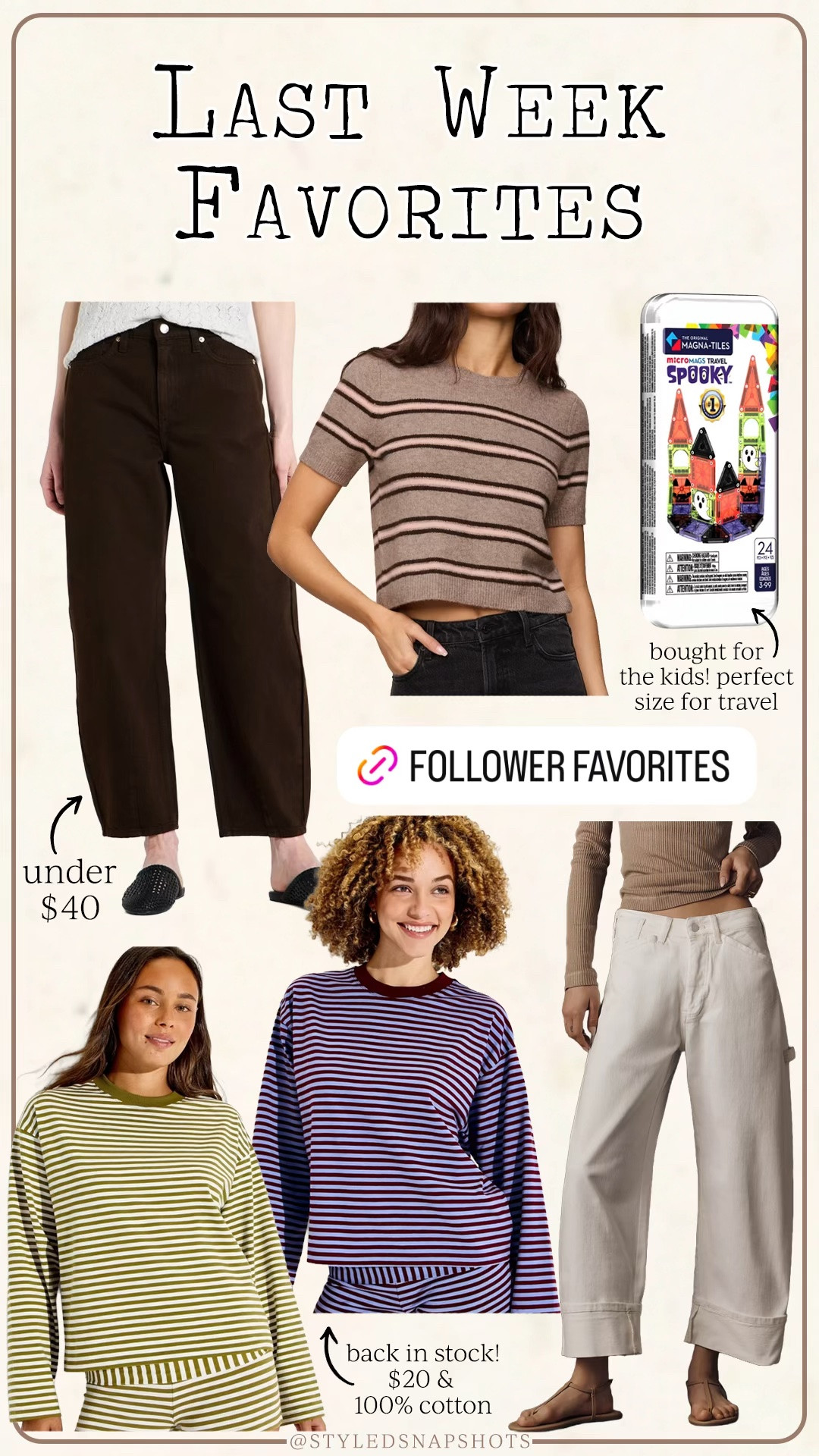 Last week follower favorites 
•I wear a small/tts in the striped sweater tee. I’m 5’5 and it’s not cropped like the model
•I wear a 26R/tts in the white denim (size down if you order a more fitted look)

#LTKmomlife #LTKTravel #LTKSaleAlert