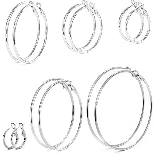 6 Pairs Silver Gold Hoop Earrings for Women - 14K Gold Plated 316 Stainless Steel, Hypoallergenic Lightweight 20/30/40/50/60/70mm Hoops Set (Silver) | Amazon (US)