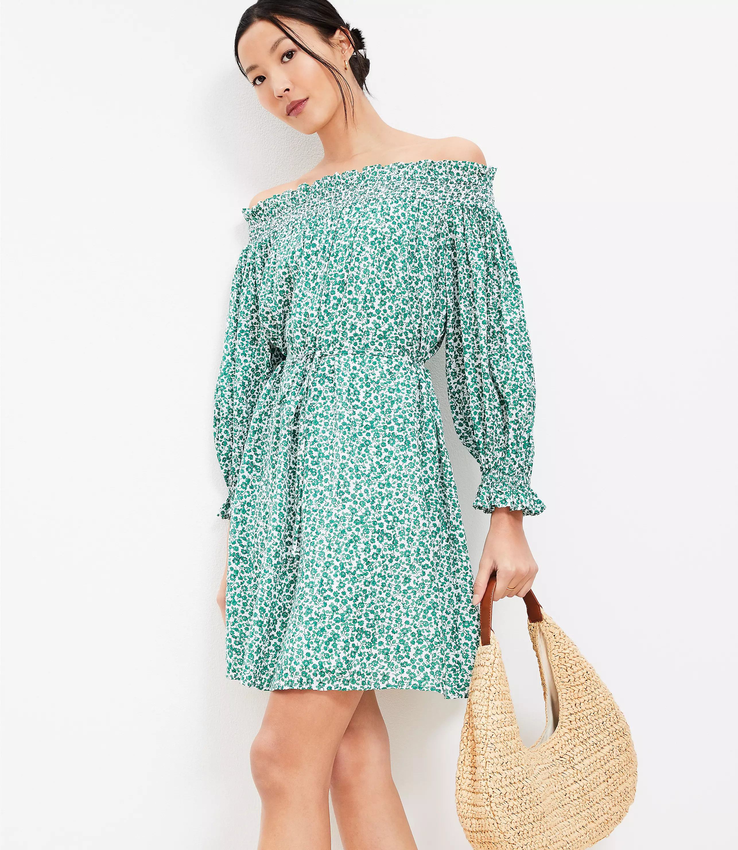 Tall Floral Smocked Off The Shoulder Mini Dress | LOFT