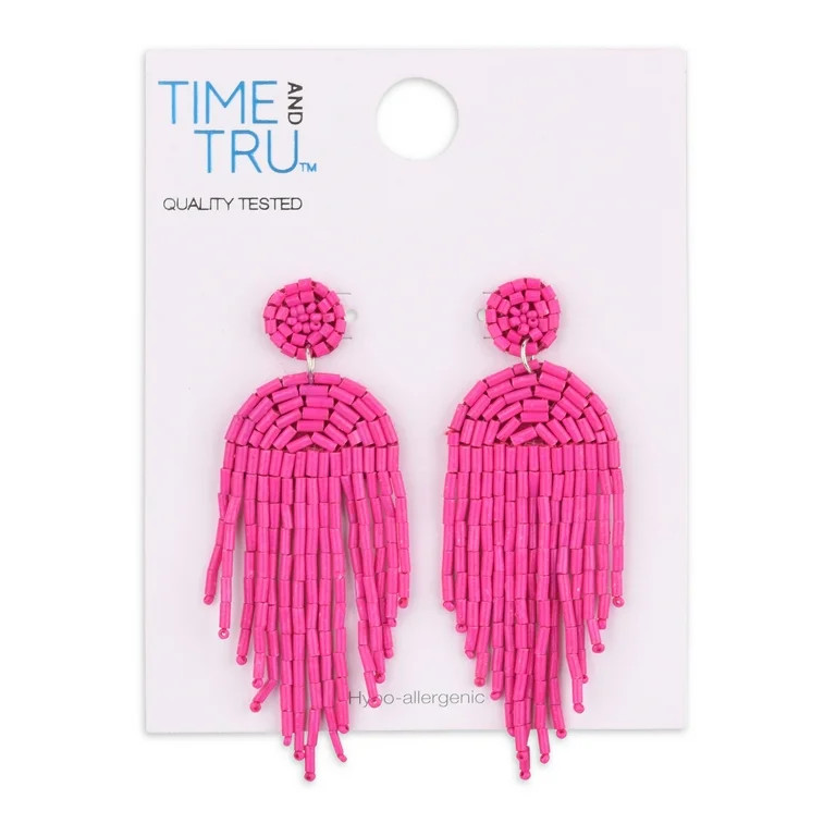 Time and Tru Female Adult Gold-Tone Fuschia Fringe Seedbead Drop Earring | Walmart (US)