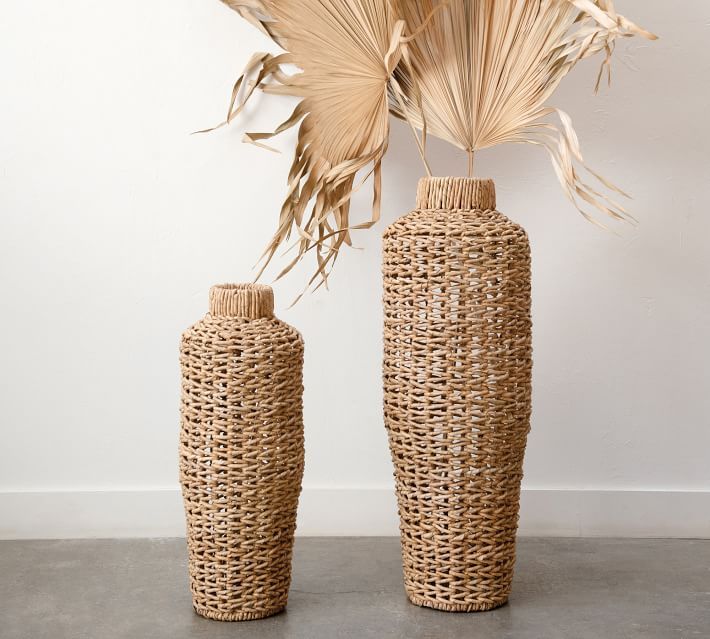 Cecily Water Hyacinth and Rattan Open Woven Vases | Pottery Barn (US)