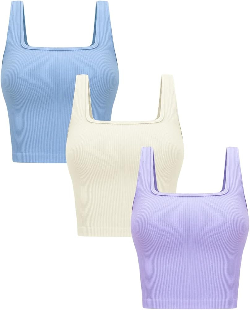 OLCHEE Womens 3 Pack Crop Tank Tops Basic Seamless Ribbed Sleeveless Square Neck Workout Top Summ... | Amazon (US)