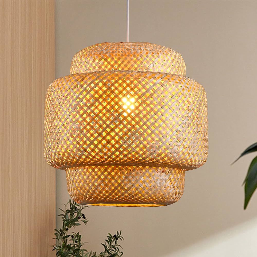 Bamboo Pendant Light - Boho Basket Chandelier Handmade Woven Pendant Light, Natural Wicker Rattan... | Amazon (US)