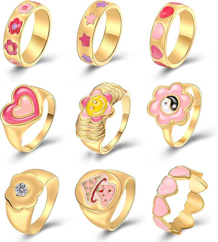 Y2K Colorful Rings for Women Teen Girls, Chunky Heart Flower Ying Yang Rings,Y2K Jewelry, Trendy Gol | Amazon (US)