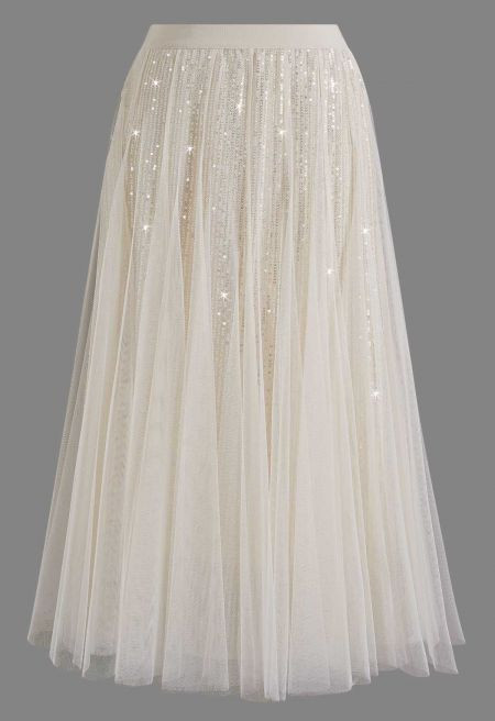 Ravishing Sequins Mesh Tulle Midi Skirt in Cream for Evening Outings & Formal Events | Chicwish