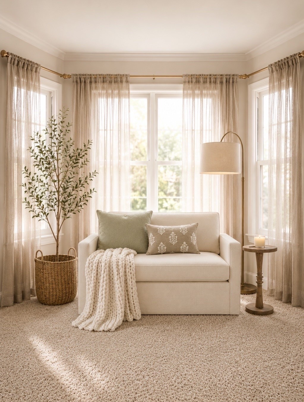 Master bedroom seating area, master bedroom design, bay windows, bay window curtains, faux tree, neutral bedroom, sleeper chair

#LTKHome #LTKSaleAlert