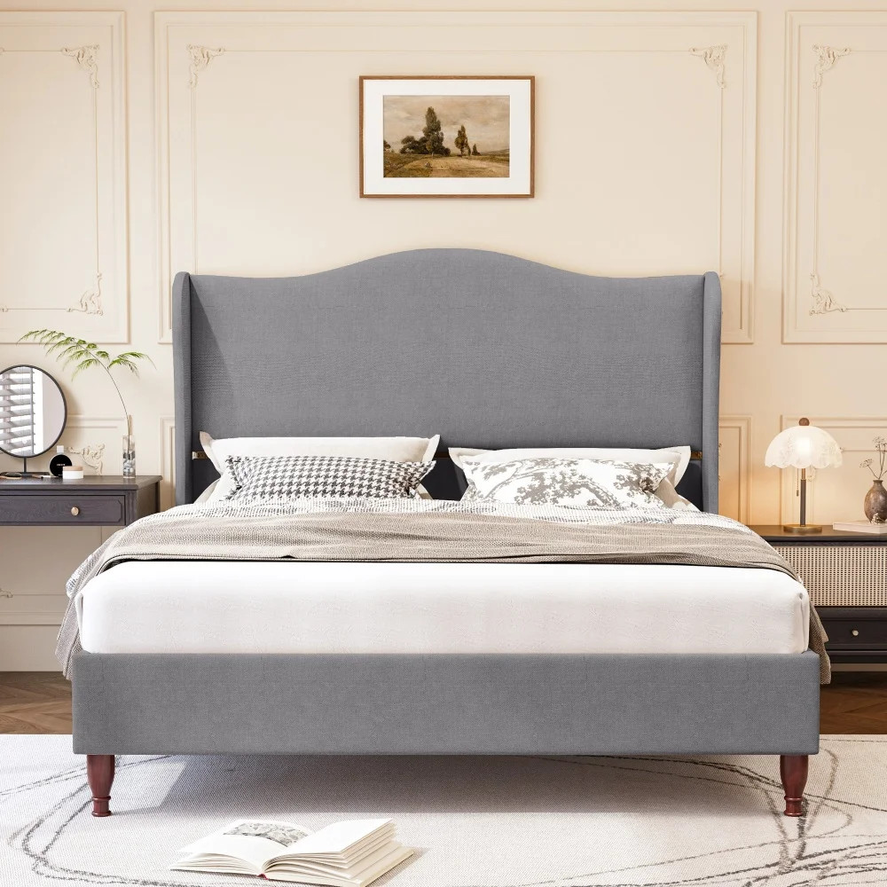 King Size Wingback Platform Bed Frame with Tall Headboard-Light Gray | Wayfair North America