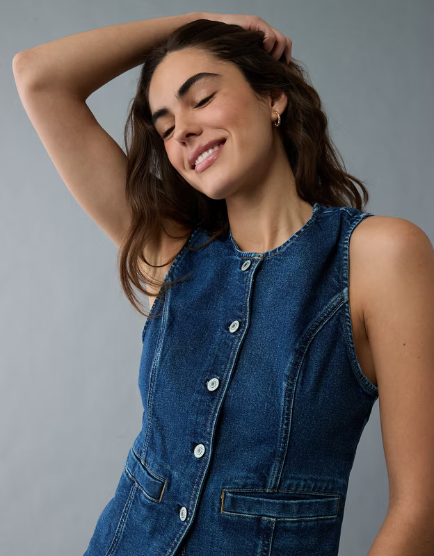 AE Crew Neck Button-Up Denim Vest | American Eagle Outfitters (US & CA)