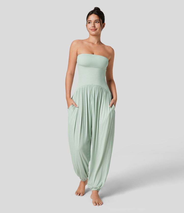 Ribbed Tube Backless Plicated Side Pocket Casual Jumpsuit | HALARA