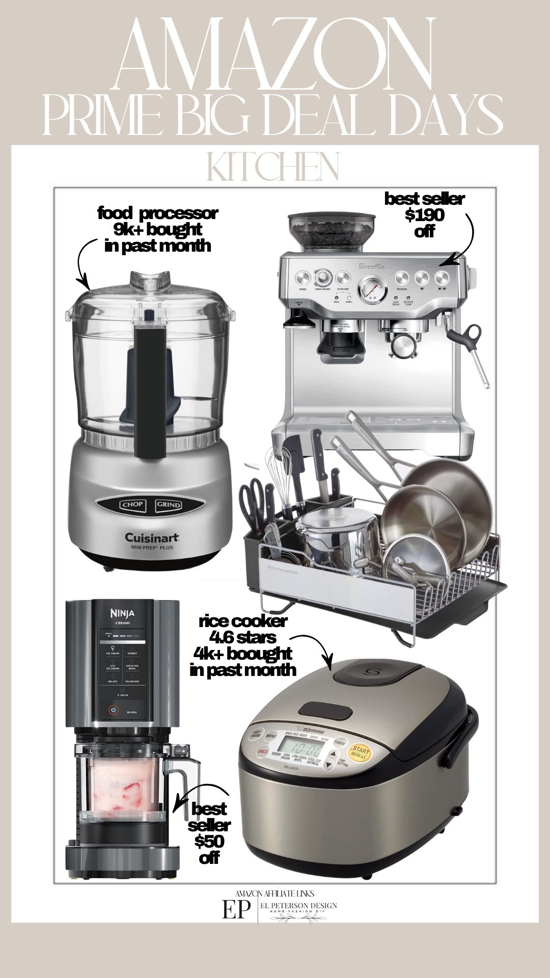 Amazon
Prime Big Deal Days 
Expresso machine
Ice cream maker
Dish rack
Food processor