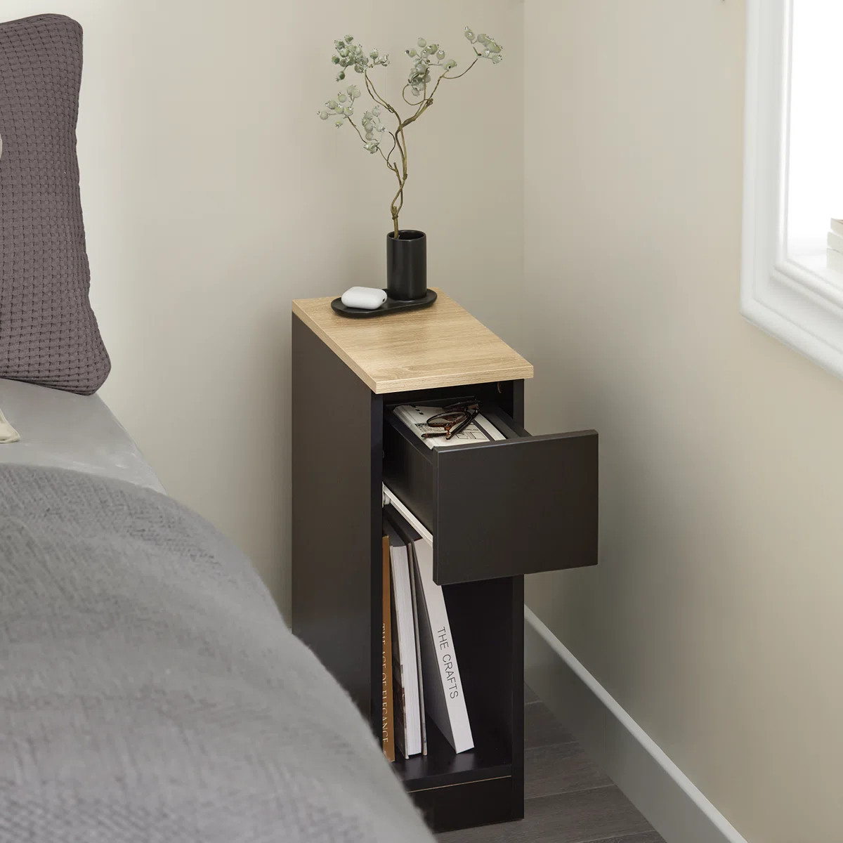 Black Narrow End Table Nightstand with Drawer and Open Compartment, Slim Night Stand | Wayfair North America