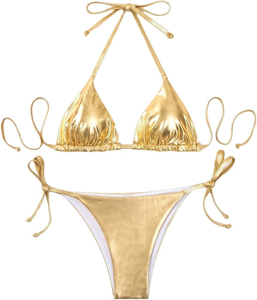 Falainetee Women's Metallic Shiny Bathing Suit High Waisted Triangle Tie Side Swimsuit Bikini Set | Amazon (US)