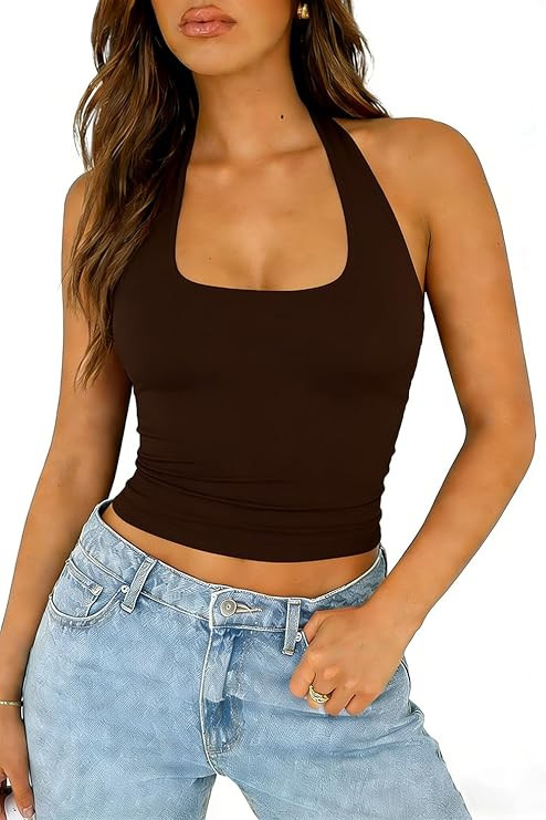 ForeFair Halter Tank Tops for Women Going Out Top Double Lined Crop Backless | Amazon (US)