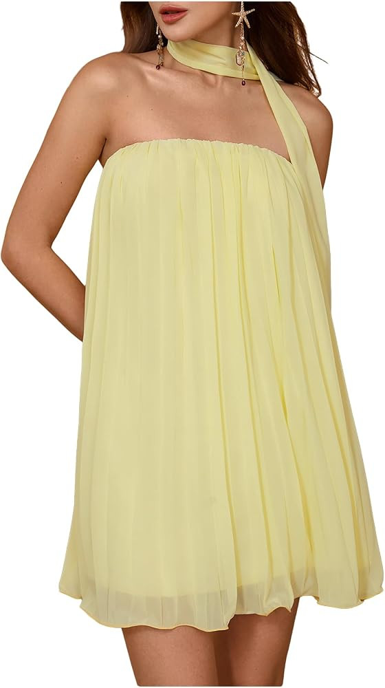MakeMeChic Women's Strapless Tube Dress Mesh Pleated A Line Party Mini Dresses with Scarf | Amazon (US)