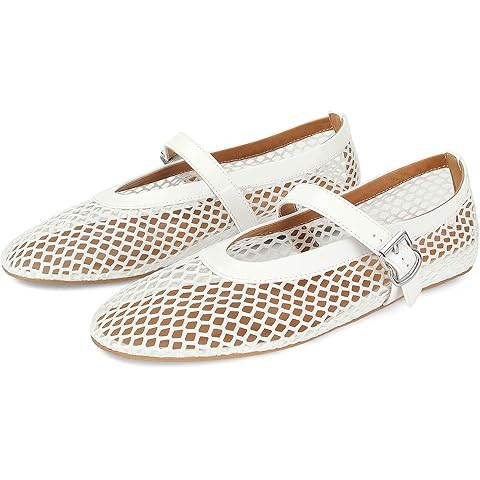 DOEYG Mesh Ballet Flats for Women Buckle Strap Comfy Casual Office Fishnet Ballerina Flat Shoes | Amazon (US)