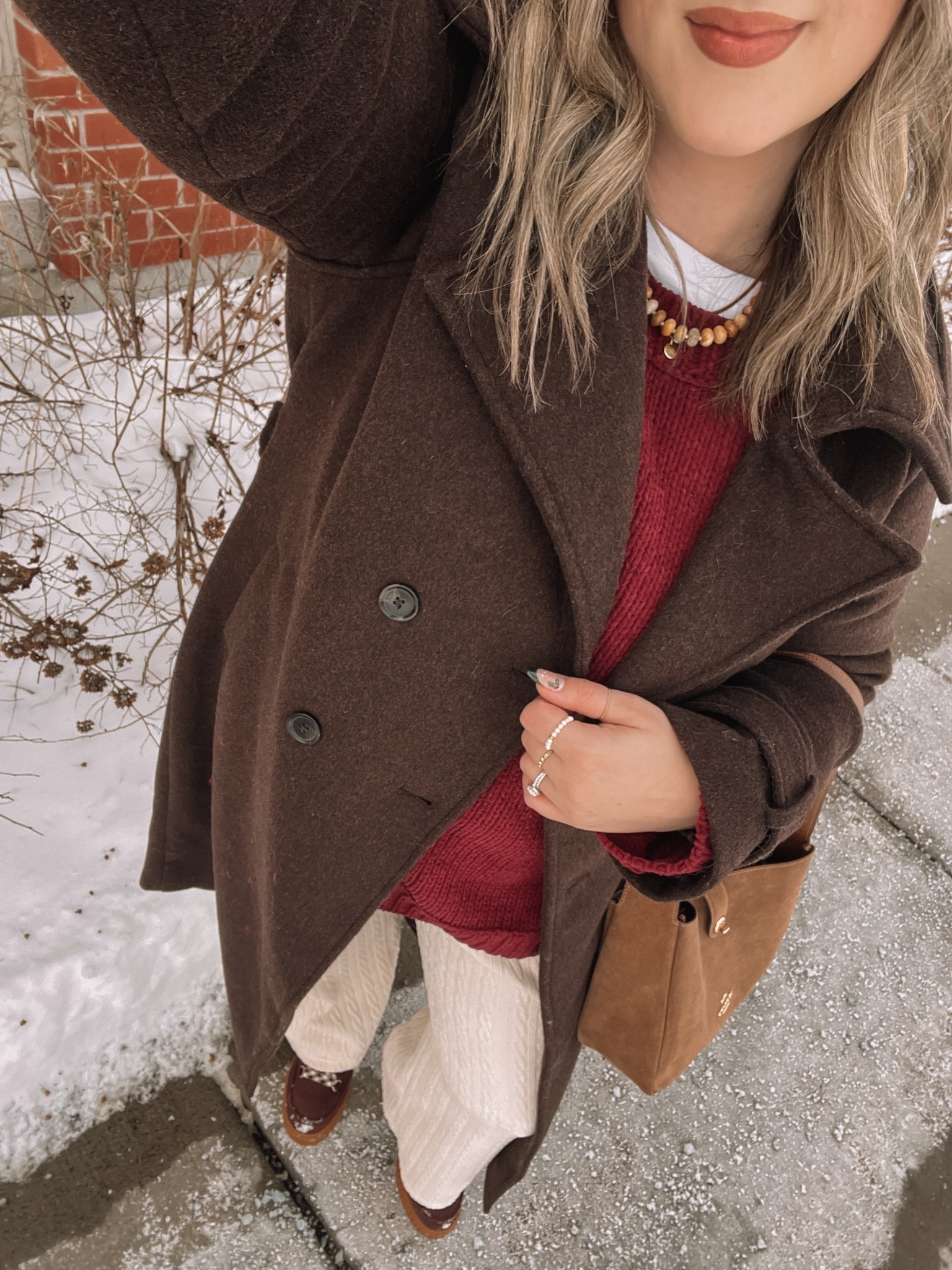 Comfy winter outfit! Cream cable knit wide leg lounge pants, wearing my usual size L. Also wearing L in the softest burgundy chenille sweater. I love the high neck on this white tee for layering! Wearing L. This chocolate brown wool trench coat is such a good winter staple piece, wearing L. My Sorel snow boots are waterproof and so warm! Consider sizing up if you plan to wear thick socks


#LTKmidsize #LTKwinter #LTKsale