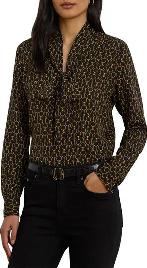 Chain Print Tie Neck Crêpe de Chine Top | Nordstrom