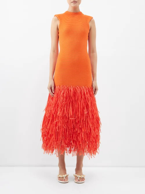 Aje - Rushes Ribbed-jersey Raffia Midi Dress - Womens - Orange | Matches (US)