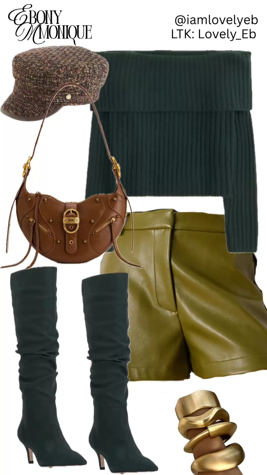 Simply styled for cooler weather! Off the shoulder sweater paired with faux leather shorts, suede knee high slouchy boots, brown shoulder bag and hat.

#LTKU #LTKootd