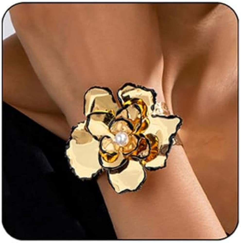 Chunky Gold Cuff Bracelets for Women Vintage Pearl Crystal Flower Bracelet Bohemian Style Open Ba... | Amazon (US)