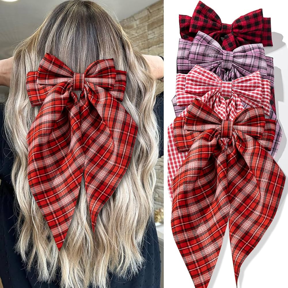 Hair Bows Set: 4 PCS Big Bow Clips for Thick & Thin Hair, Non-Slip Claw Clips, Hair Ribbons for W... | Amazon (US)