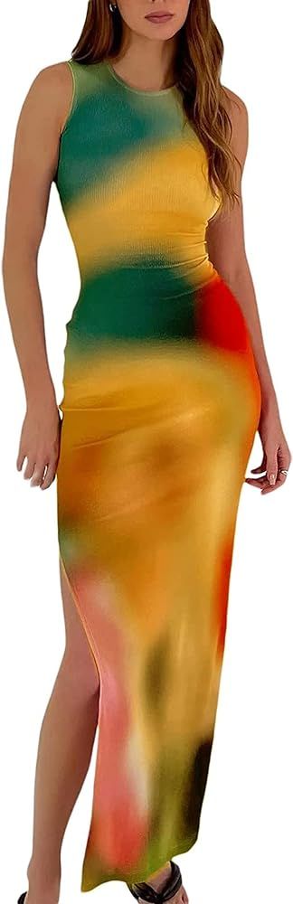 Suillty Women Y2k Tie Dye Tank Dress Sleeveless Bodycon Long Dresses Printed Slim Fit Summer Maxi... | Amazon (US)