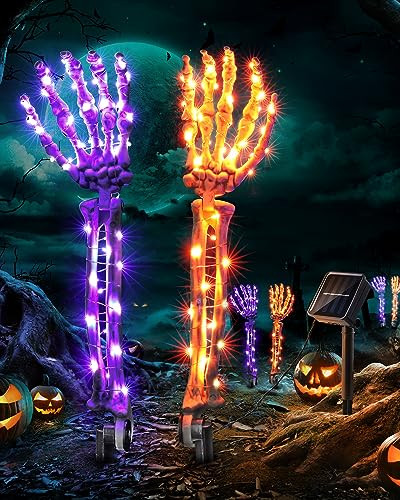 Solar Halloween Decorations Skeleton Hands - 100 LED Fairy Lights 2 pcs Skeleton Hand Stakes with 8 Lighting Modes Waterproof for Halloween Deocr Outdoor (Orange & Purple) | Amazon (US)