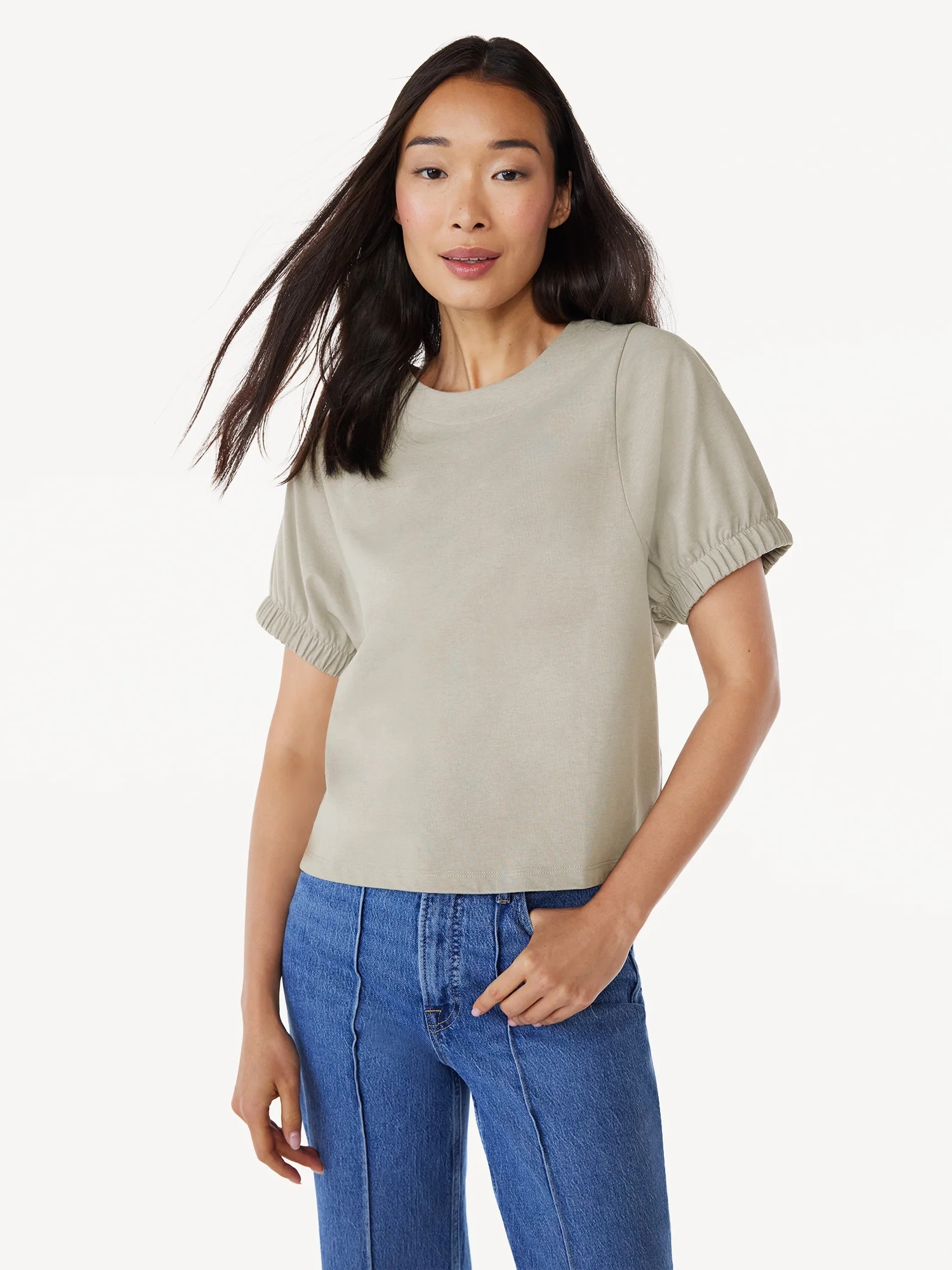 Free Assembly Women's Puff Sleeve Tee with Elasticized Cuffs, Size XS-XXXL - Walmart.com | Walmart (US)