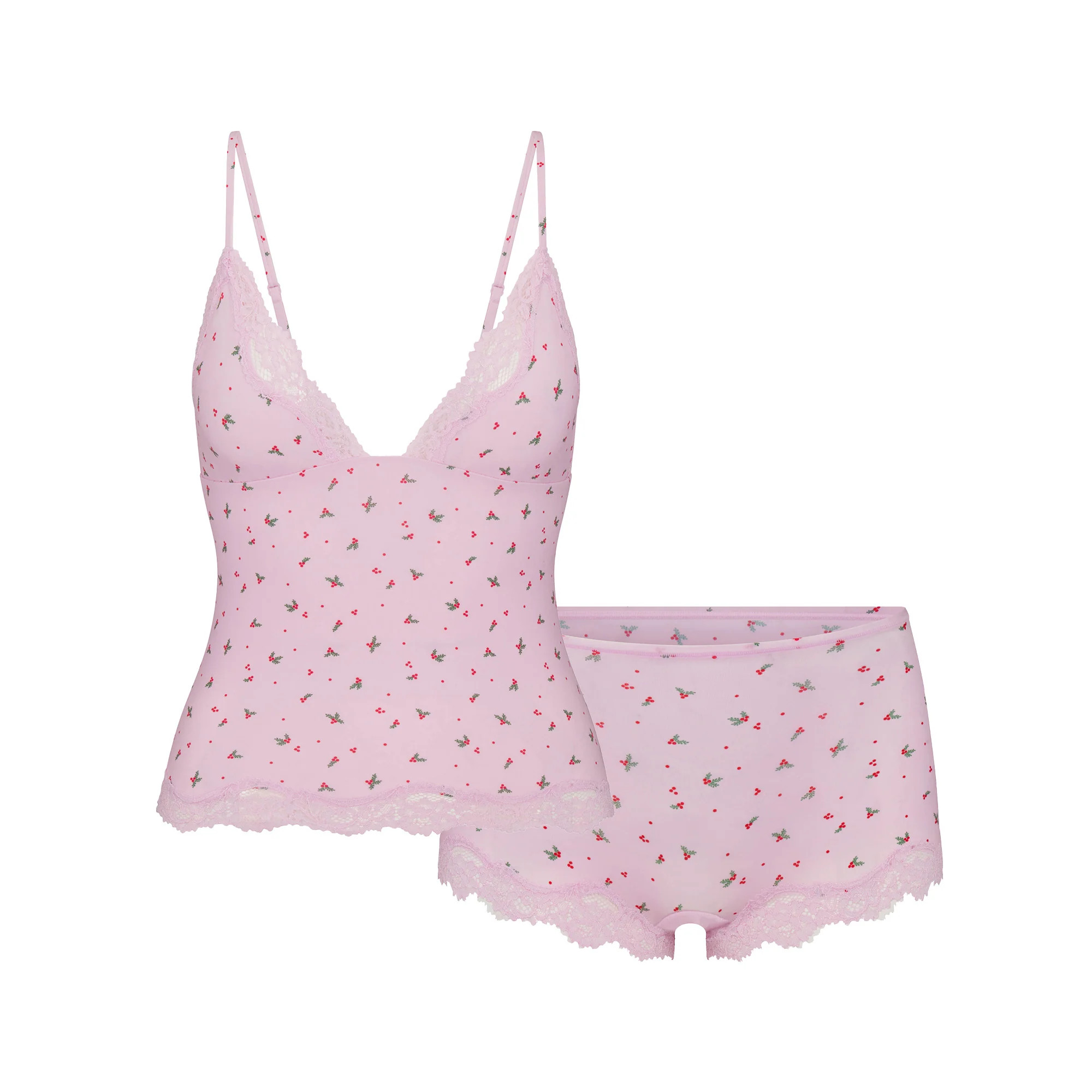 FITS EVERYBODY LACE TRIANGLE CAMI AND BOY SHORT SET | BABY PINK HOLLY PRINT | SKIMS (US)