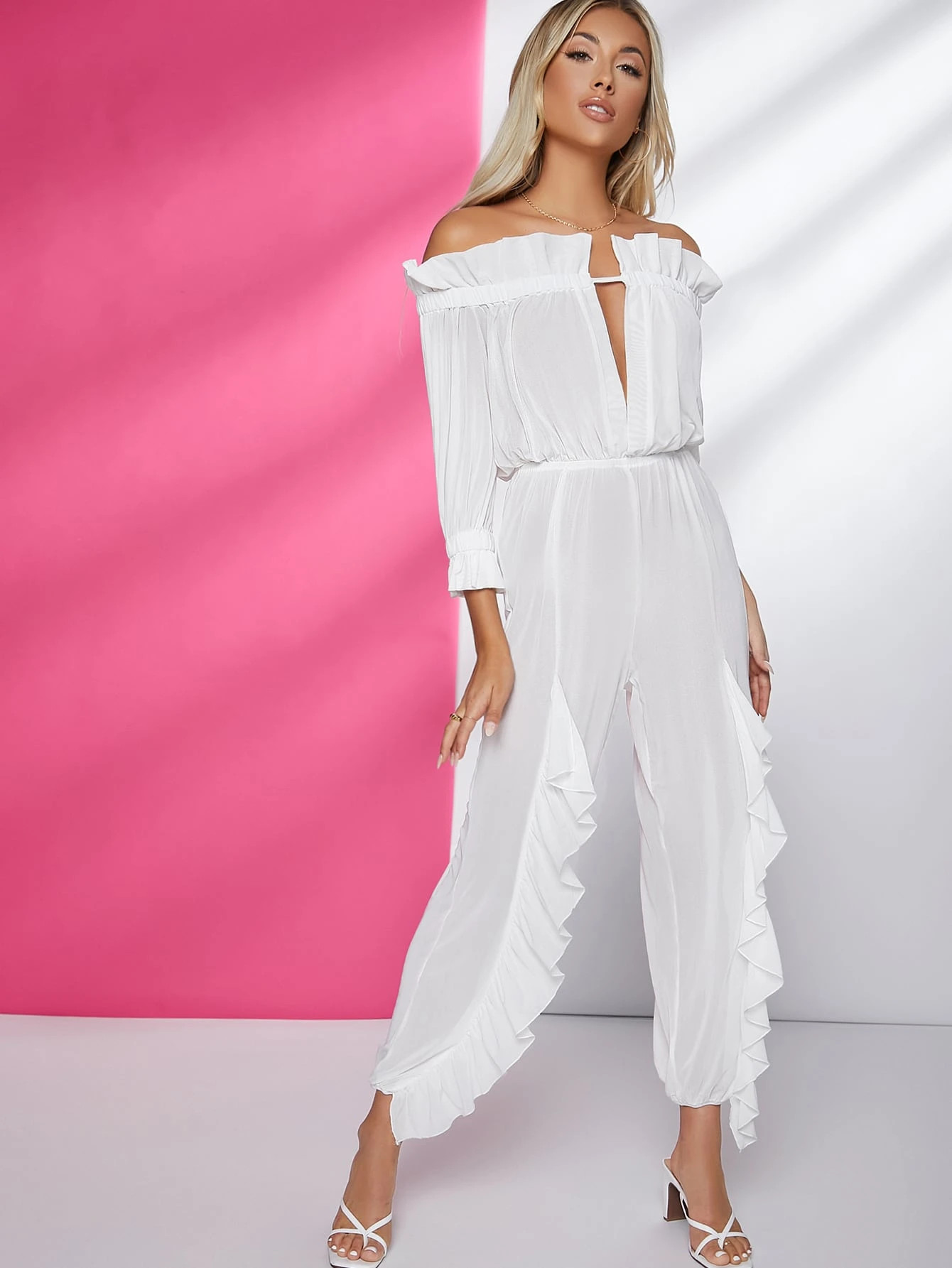 SHEIN X Ji Yeon Lee Ruffled Off-the-Shoulder Cutout Jumpsuit | SHEIN