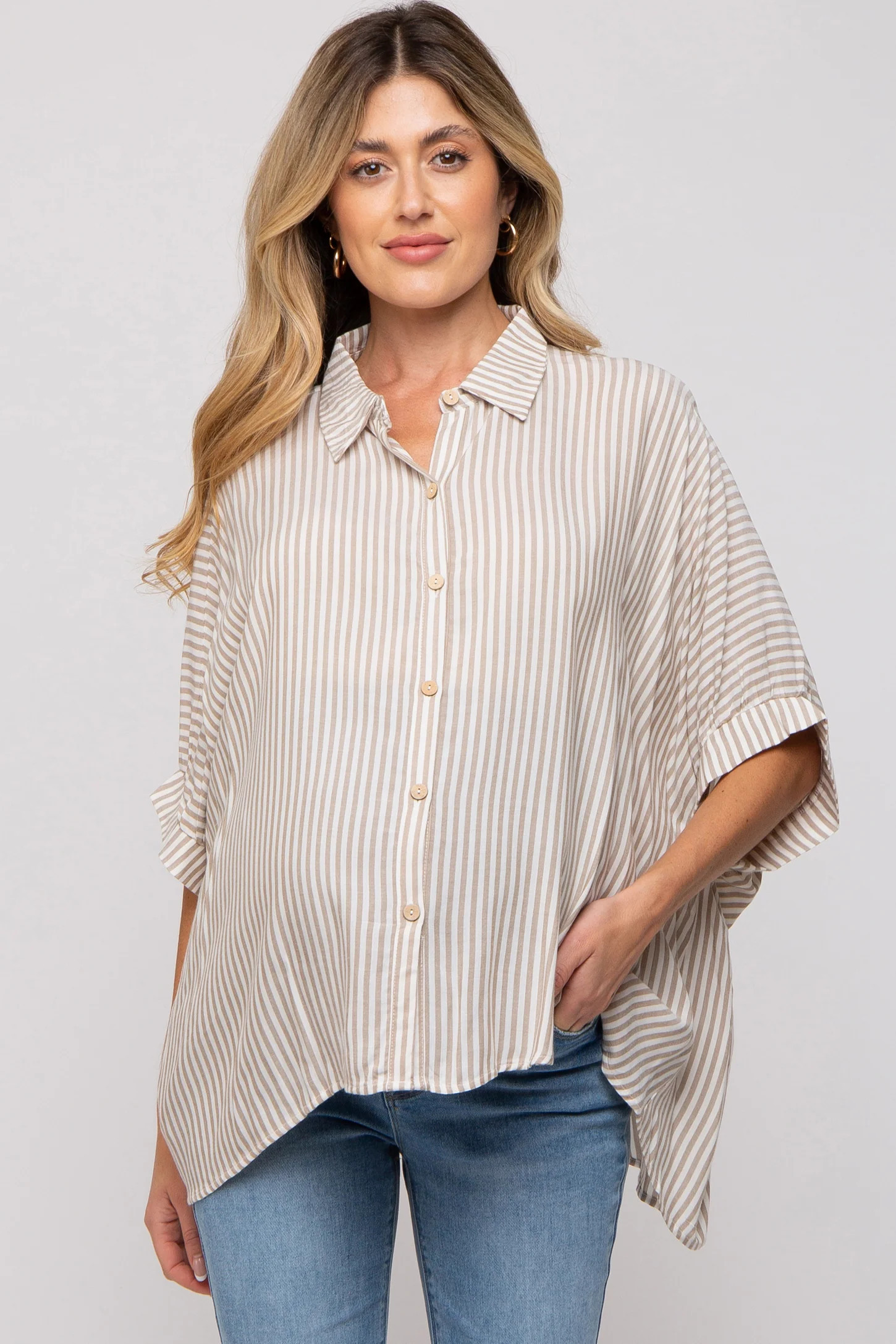 Taupe Striped Button Up Dolman Maternity Top | PinkBlush Maternity
