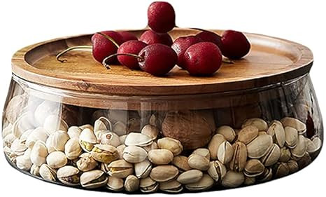 Glass Candy and Nuts Serving Container with Wooden Lid, Round Food Storage Platter, Snack Tray Br... | Amazon (US)