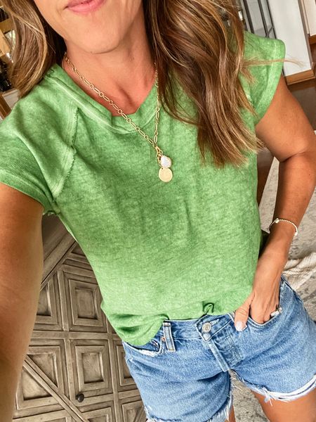 Summer green!! 😍
Size small. Up one size 
Shorts tts 
Linking similar charm necklaces  

#LTKStyleTip #LTKSeasonal