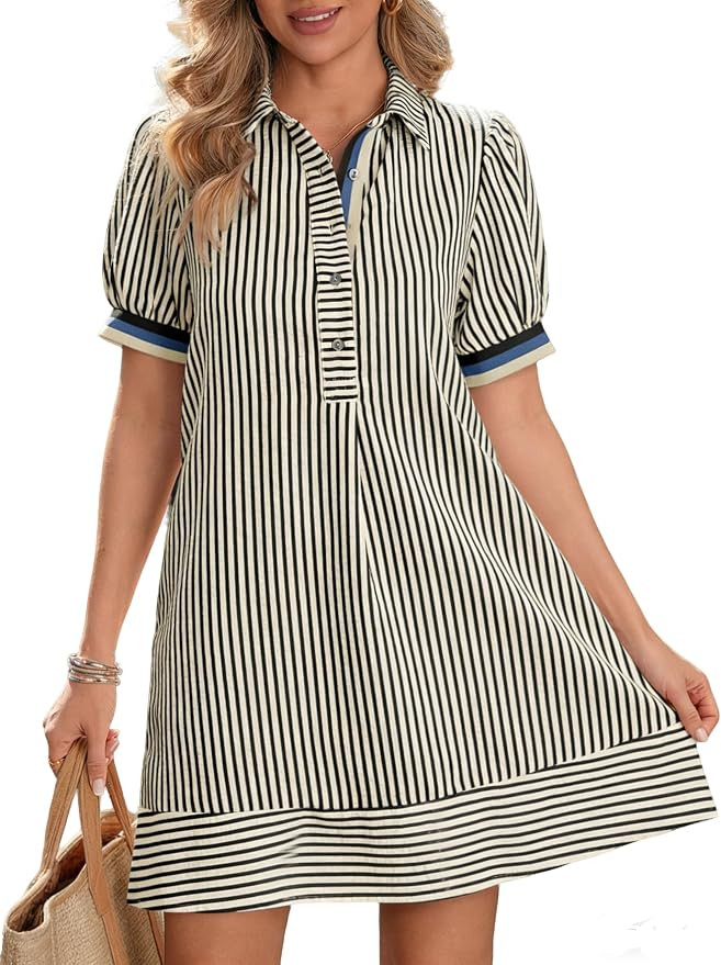 Women's Summer Striped Polo Shirt Dress V Neck Puff Short Sleeve Button Up Casual Beach T Shirt M... | Amazon (US)