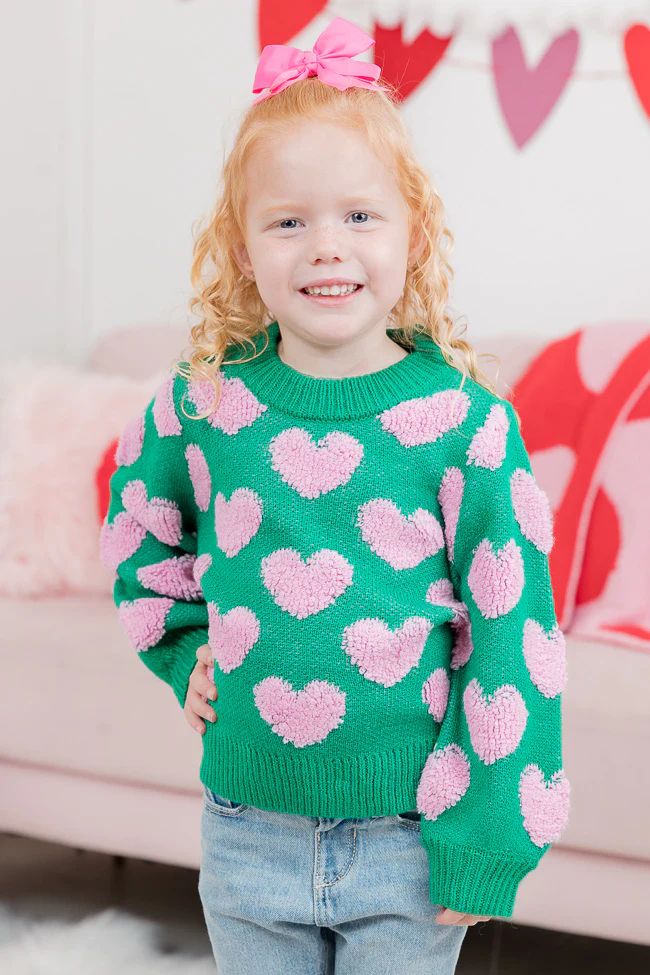 Kid's I'll Be There Green Fuzzy Heart Sweater | Pink Lily