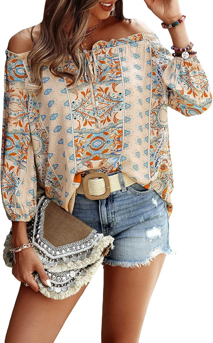 Romwe Women's Boho Tribal Print Off Shoulder Long Sleeve Knot Front Blouse Tops | Amazon (US)