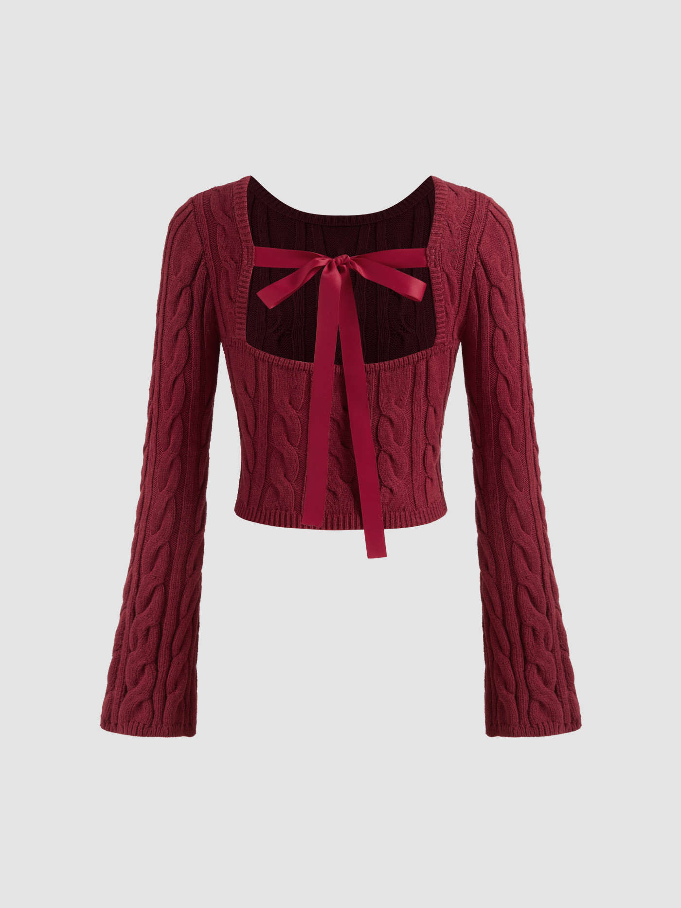 Cable Knit Round Neckline Solid Bowknot Long Sleeve Crop Top | Cider