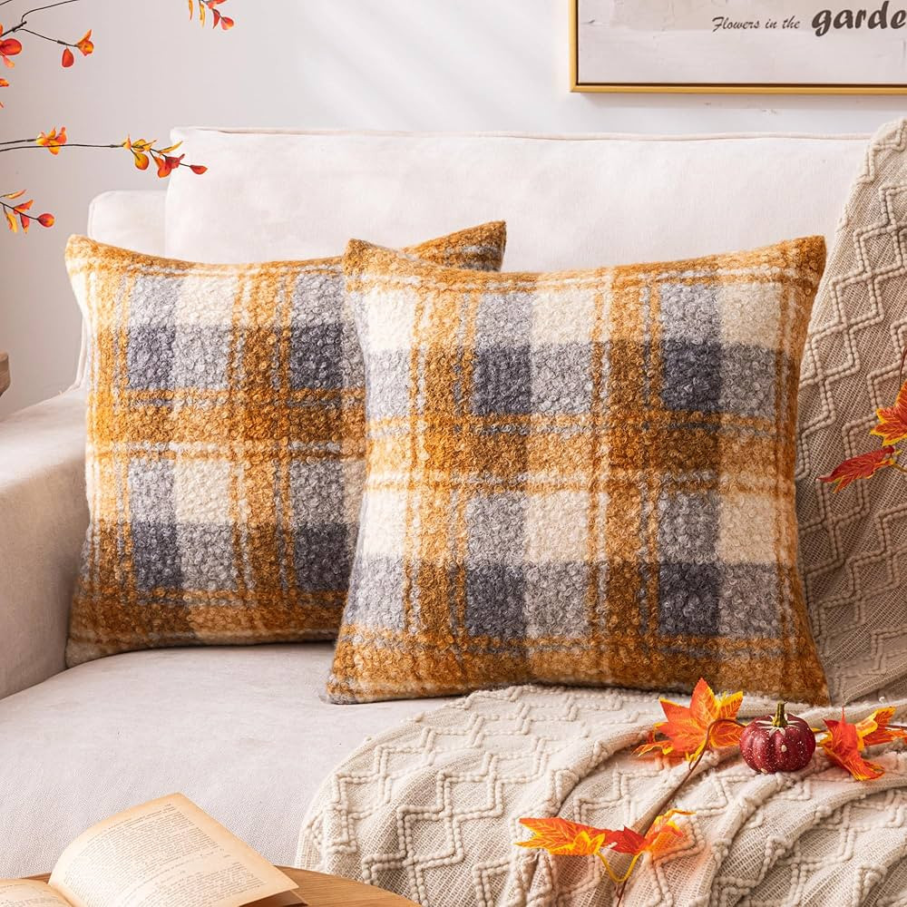 AQOTHES Yellow Plaid Fall Throw Pillow Covers 18x18 Inch Set of 2, Boucle Decorative Pillow Cover... | Amazon (US)