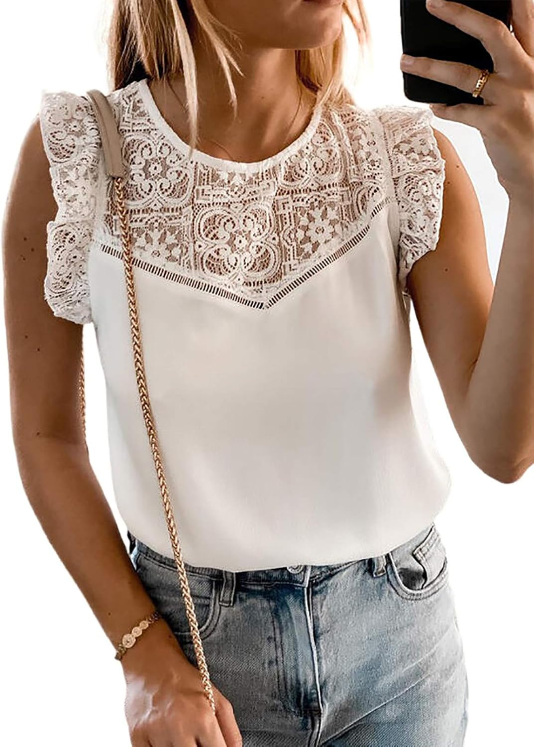 Sidefeel Women Crochet Lace Stitching Shirt Chiffon Sleeveless Tank Tops | Amazon (US)