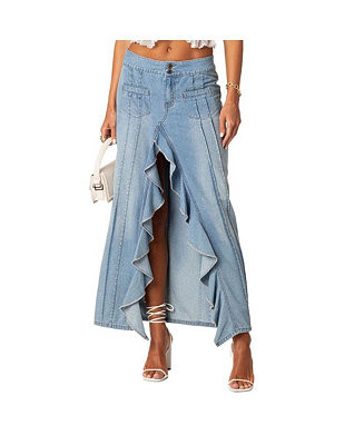EdiktedWomen's Valencia Ruffle Slitted Denim Maxi Skirt | Macy's