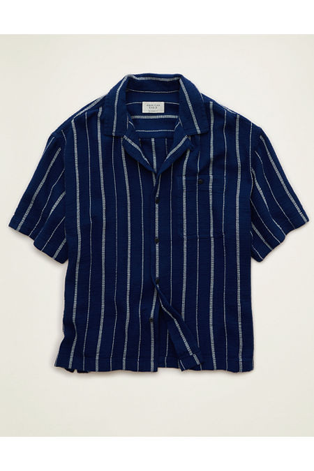 AE Relaxed Fit Camp Collar Button-Up Shirt Men's Navy XXXL | American Eagle Outfitters (US & CA)