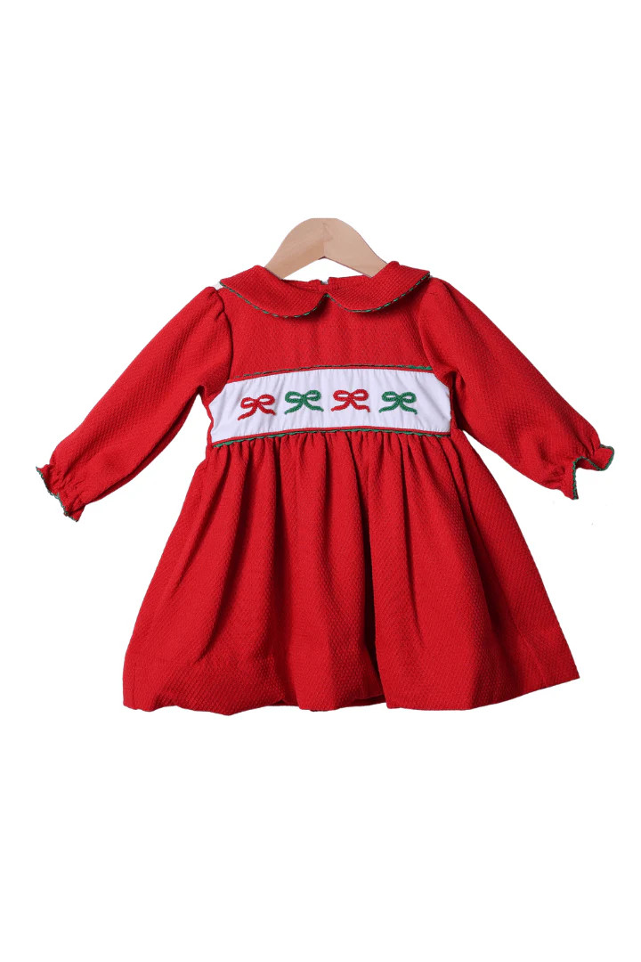 French Knot Bows Red Honeycomb Dress | The Smocked Flamingo