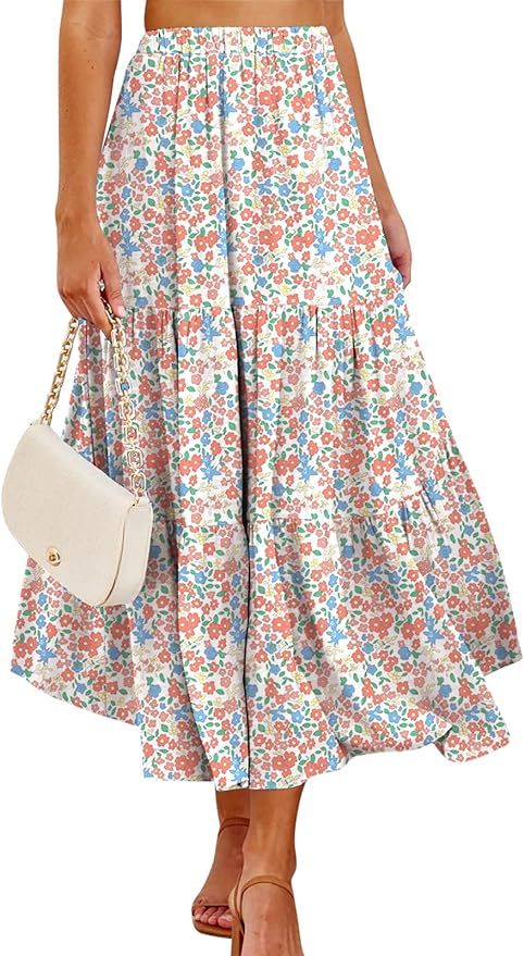 ANRABESS Women’s Summer Boho Elastic Waist Pleated A-Line Flowy Swing Tiered Long Beach Skirt D... | Amazon (US)